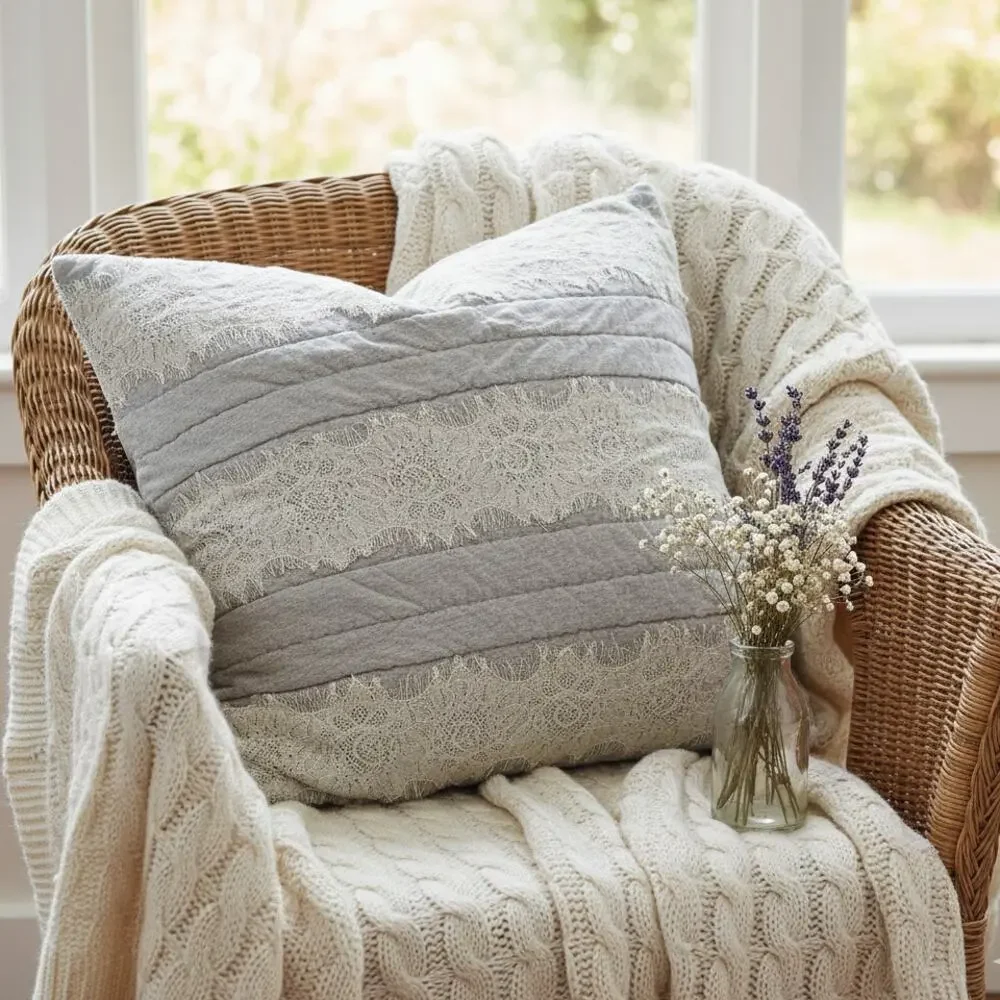 Anthropologie Gray Euro Sham Pillow Cover - Laced Jersey Collection